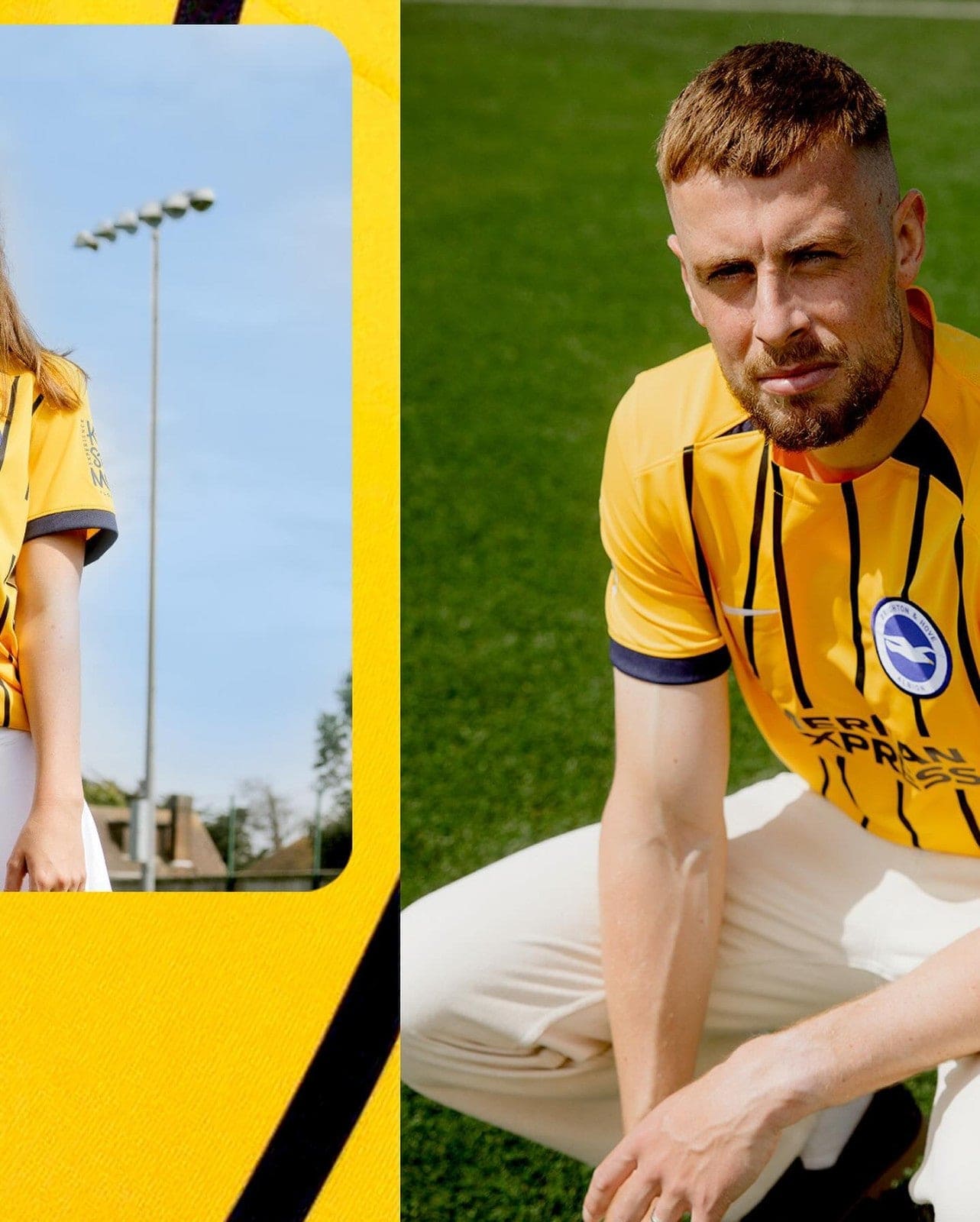 5VSiD26BsHE9J3c | AE JERSEY Two soccer players in yellow jerseys on a green field, split by a yellow frame; man kneeling on the right.