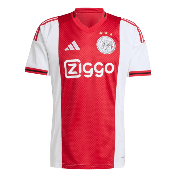 Ajax football shirt: red center panel with white sides, Ziggo sponsor, three gold stars above crest, Adidas logo.