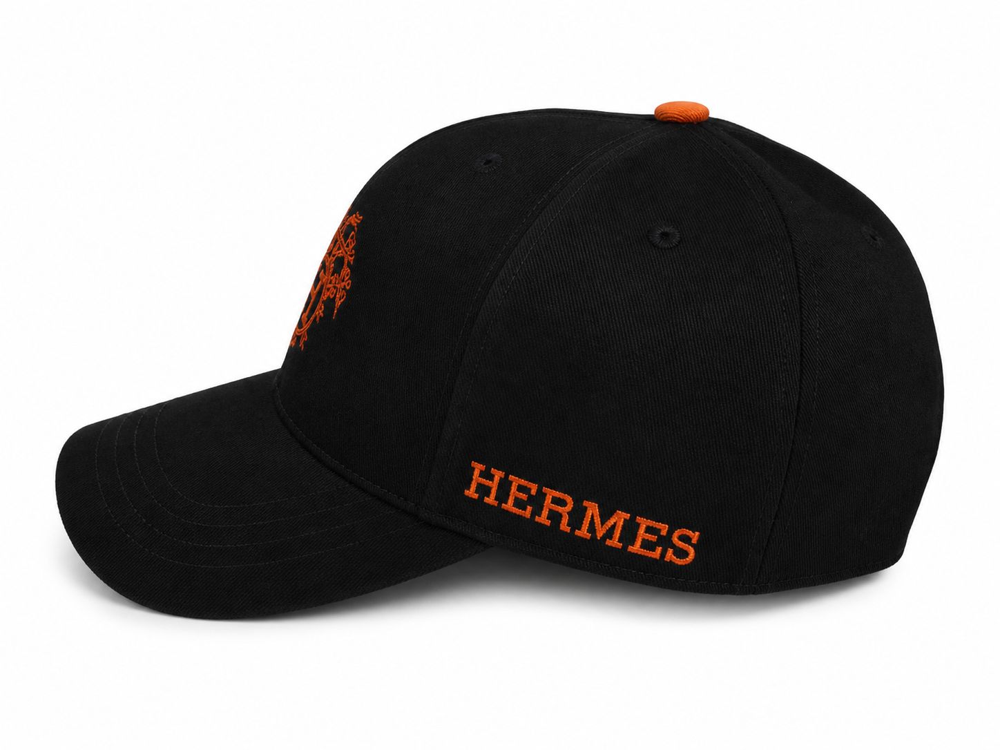5ceb1c83-e458-427f-843c-96ec63d7bd49 | AE JERSEY Black baseball cap with orange Hermes embroidery on the front panel and side.