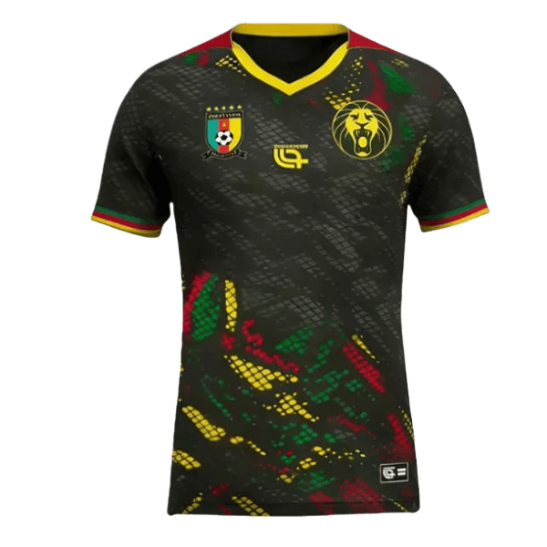 Black football jersey with a yellow-trim V-neck and multicolor abstract pattern, featuring a Cameroon-style crest and a yellow lion badge on the chest.