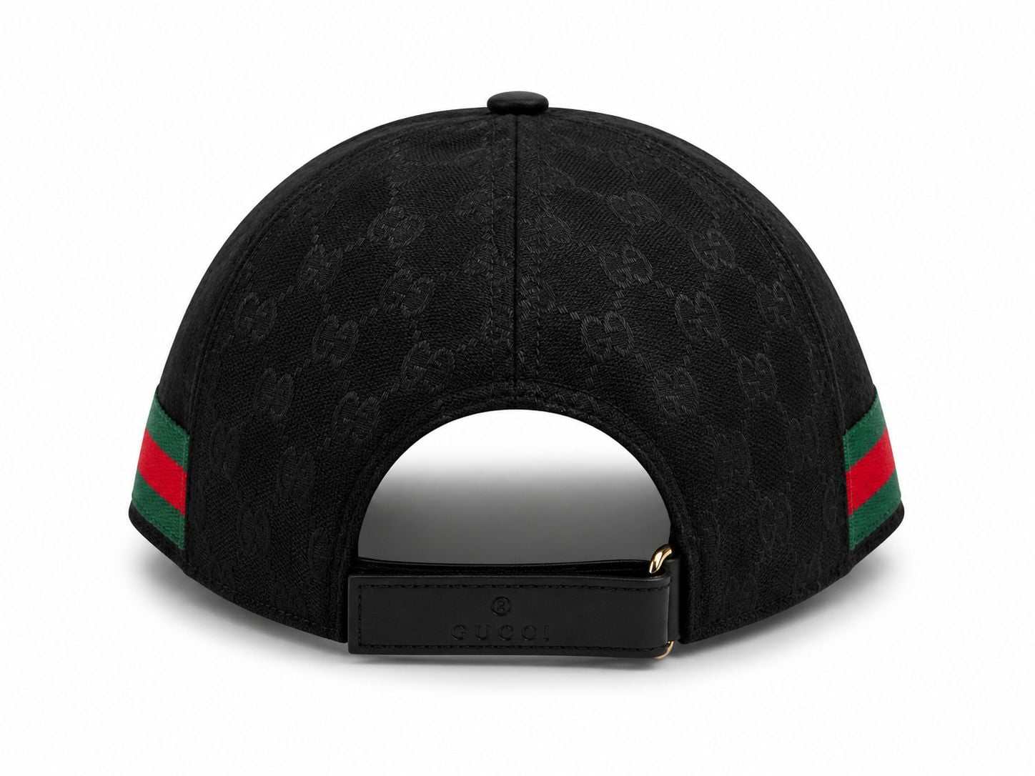 5f151357-9927-4e79-ae30-00809229837f | AE JERSEY Back view of a black Gucci cap with a repeating monogram pattern and an adjustable strap featuring a Gucci logo. The sides have green-red-green stripes.