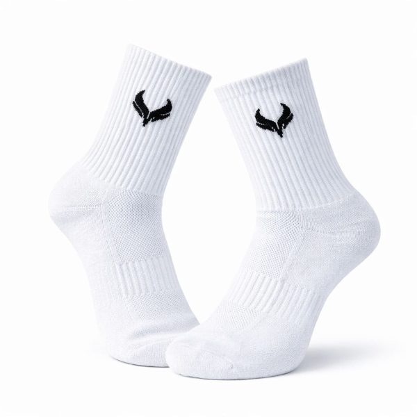 Pair of white athletic crew socks with a small black logo near the top, displayed against a white background.