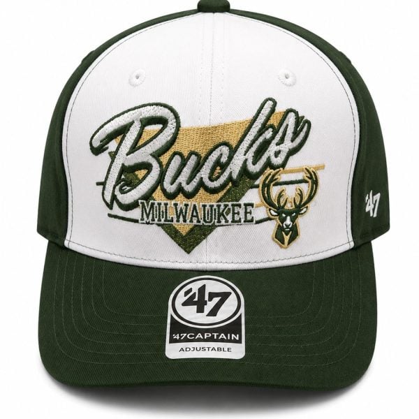 Green and white baseball cap featuring Milwaukee Bucks embroidery and the team logo on the front; adjustable strap on the back.