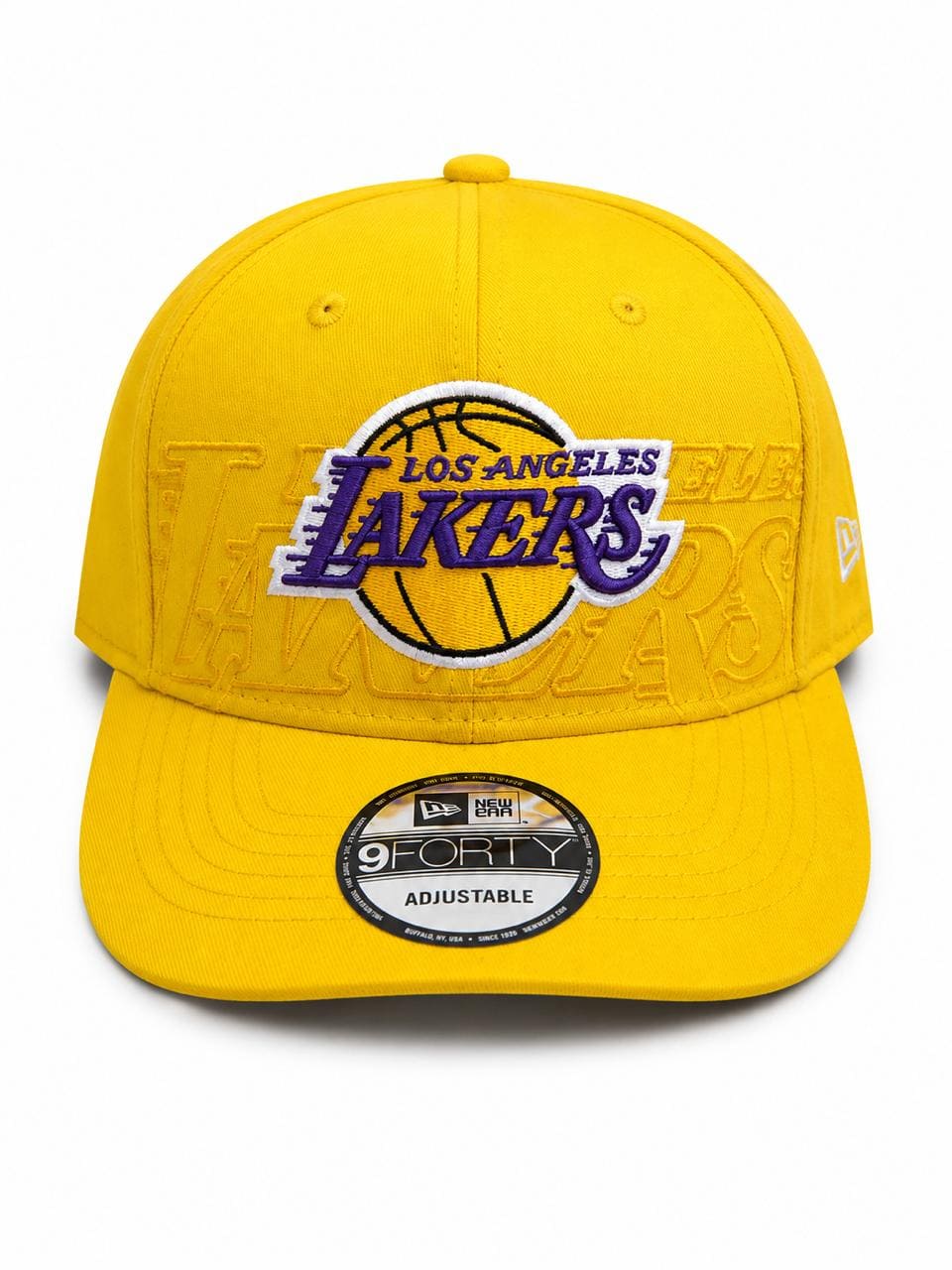 6044ba54-3cf3-481e-9dfd-48bf09ed2982 | AE JERSEY Yellow Los Angeles Lakers baseball cap with prominent purple Lakers logo embroidered on the front and a sticker on the bill.