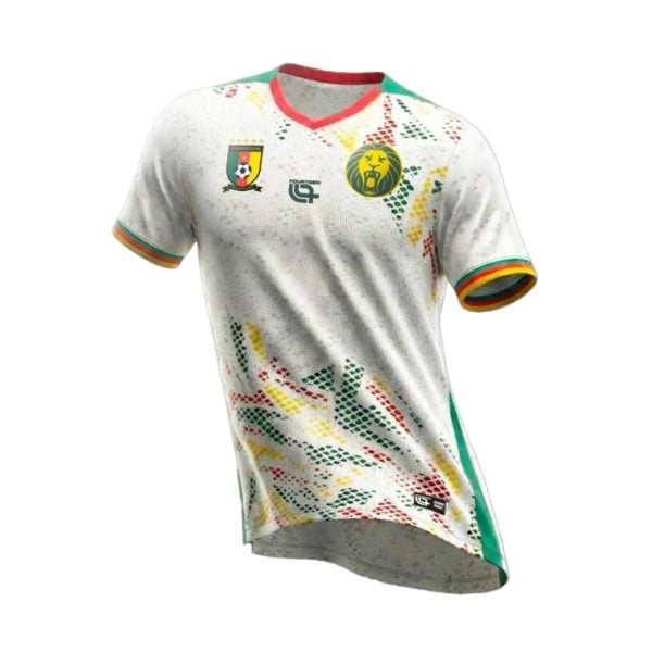 White Cameroon national team soccer jersey with red collar and multicolor pattern accents and crest on the chest.