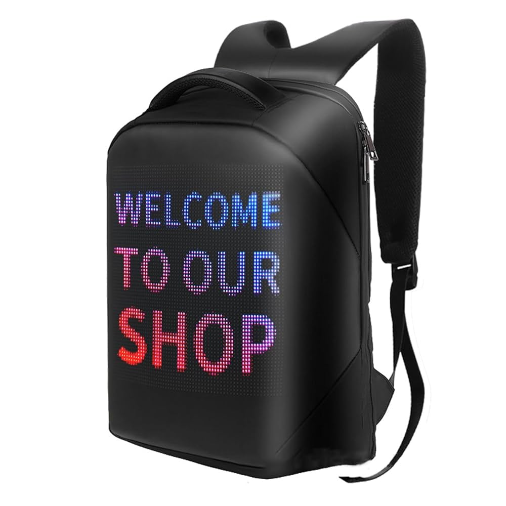 61himFVs1RL._UF1000_1000_QL80 | AE JERSEY Black backpack with a front LED display showing 'WELCOME TO OUR SHOP' in multicolored letters.