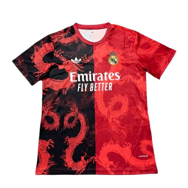 Red and black Real Madrid football jersey with a dragon pattern, featuring the Emirates Fly Better sponsor and Real Madrid crest.