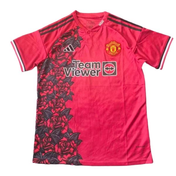 Red Manchester United football jersey featuring a floral left panel and TeamViewer sponsor logo across the chest ( Adidas stripes on shoulders ).