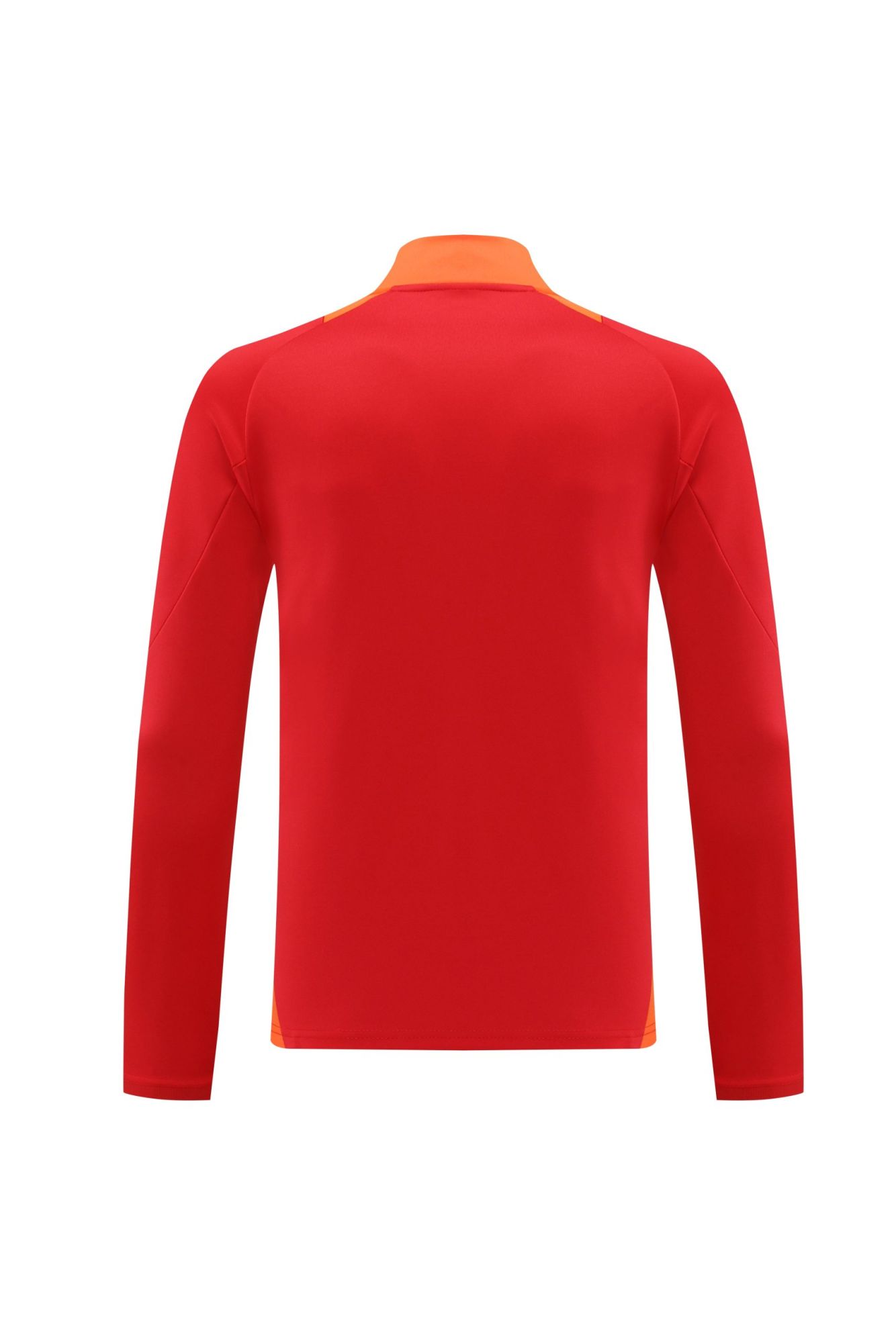 67df65ba | AE JERSEY Rear view of a red long-sleeve athletic shirt with an orange collar trim visible at the neck