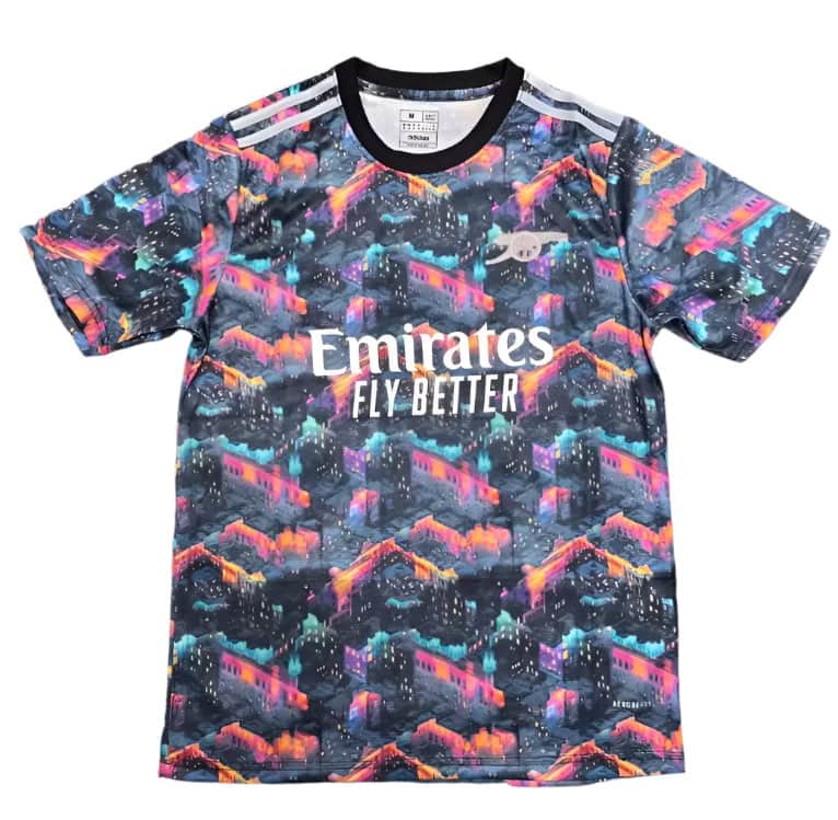 6820fee5-a56a-4a9f-b301-053c70acbb6a | AE JERSEY Bright, multicolor patterned crew-neck T-shirt with Emirates Fly Better across the chest.