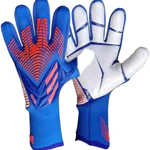 Pair of blue goalkeeper gloves with red grip patterns and white padded palms on the fingertips side.