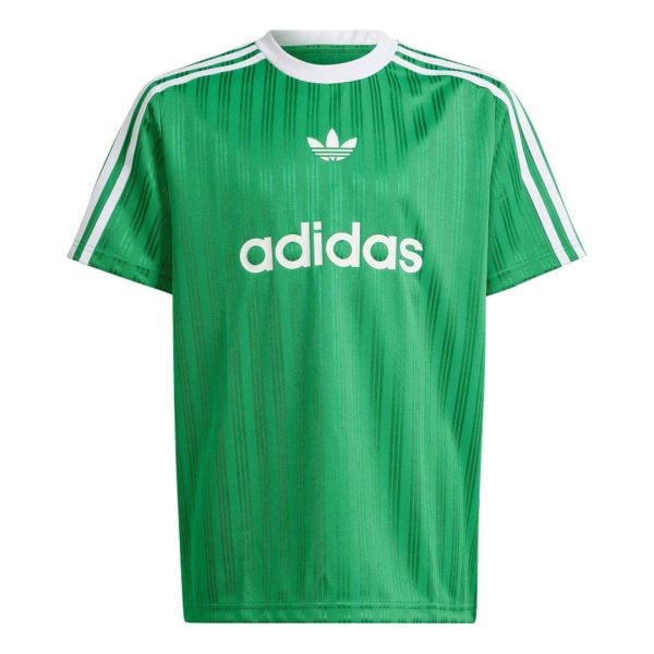 Green Adidas soccer jersey with white stripes on shoulders and Adidas logo; front displays 'adidas' text.