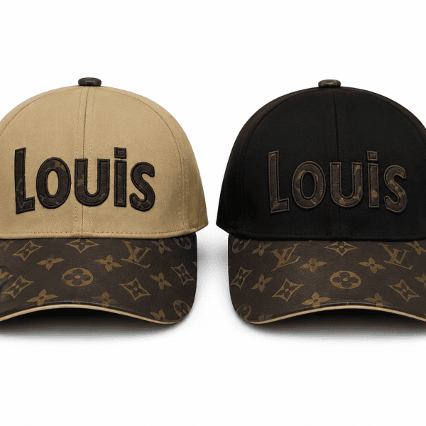 Pair of Louis Vuitton caps: a beige crown with dark brown 'Louis' embroidered, and a black crown with brown 'Louis', both on LV monogram brims.
