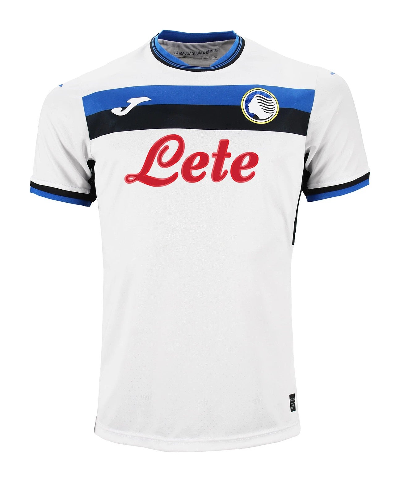 6Xh5NtEjsxBqduH | AE JERSEY White football jersey with a blue horizontal band across the chest, red 'Lete' sponsor logo, and a circular crest on the left chest.