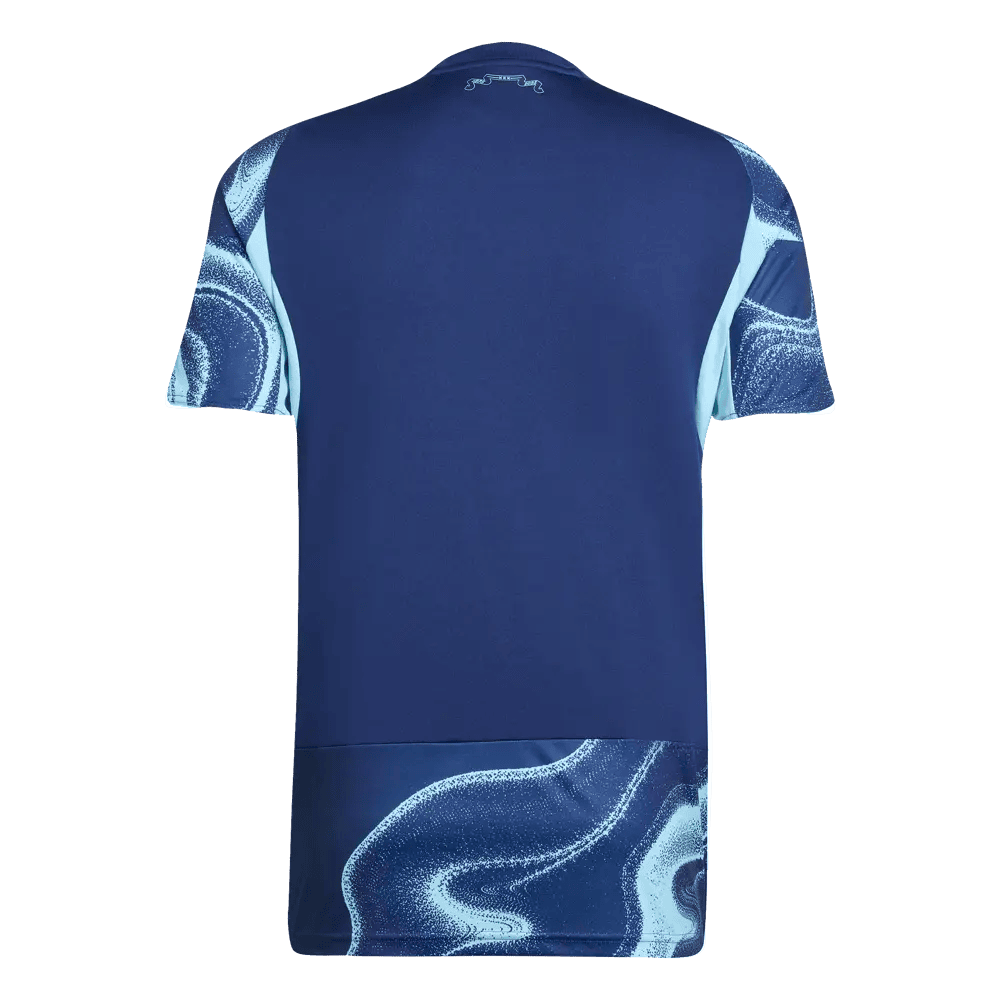 6cba56ee-5b58-7429-1f26-4e56bdc68941 | AE JERSEY Back view of a navy blue athletic shirt with light blue swirl patterns on sleeves and hem.