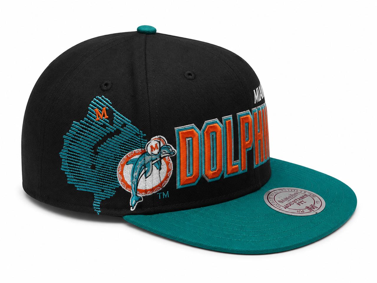 6cd70d8c-8075-4f1d-b164-211978fcd2a9 | AE JERSEY Black snapback cap with teal brim featuring the Miami Dolphins logo and orange 'DOLPHINS' lettering.
