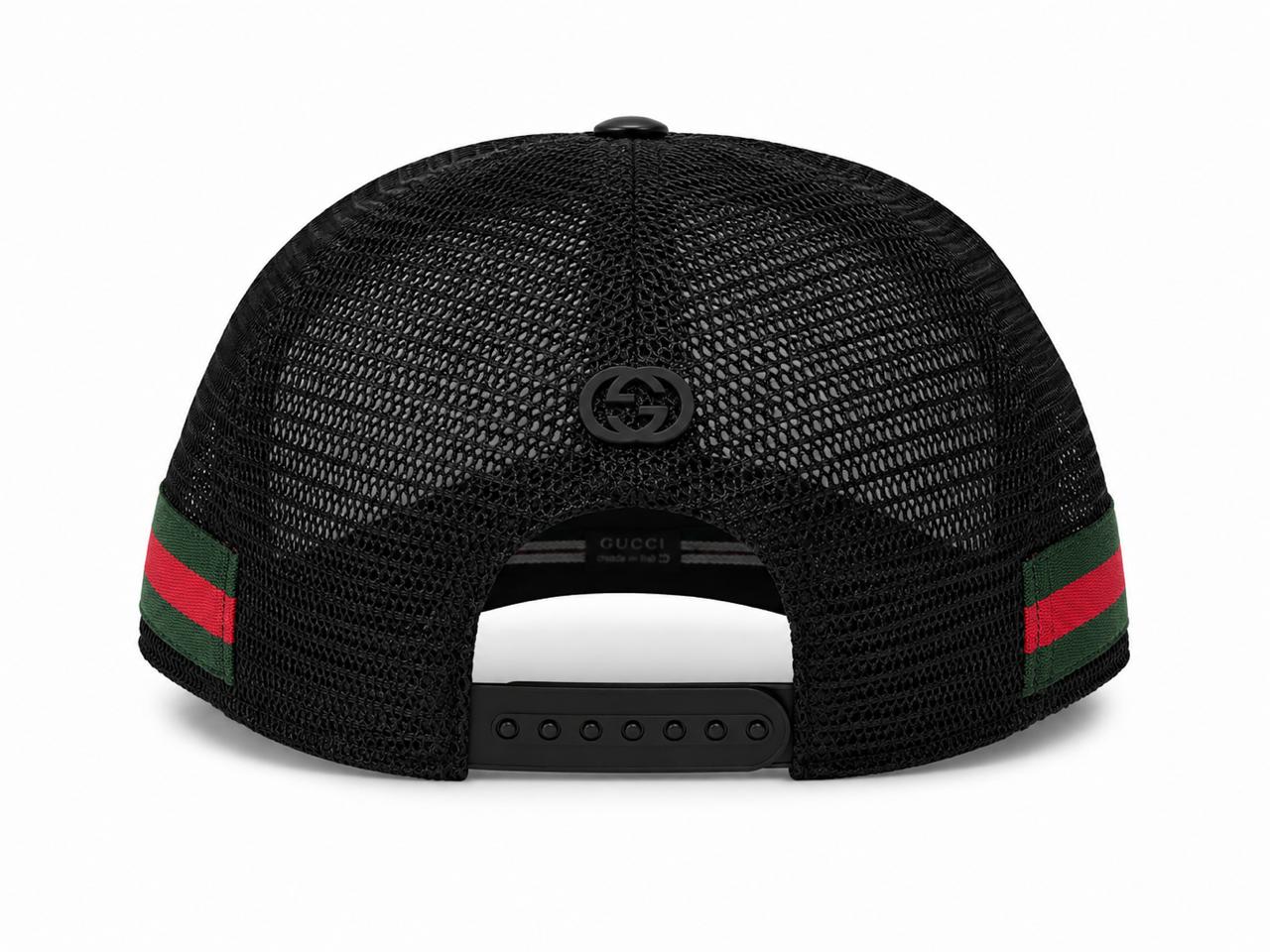 6ddfdc14-611b-4d6e-832b-15b167762158 | AE JERSEY Back view of a black Gucci mesh baseball cap, showing the logo at the center and green-red-green stripes on the sides with an adjustable strap.