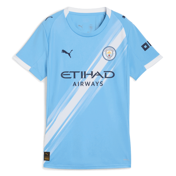 Light blue Manchester City football jersey with diagonal white stripes, club crest, and sponsor logo (Etihad Airways).