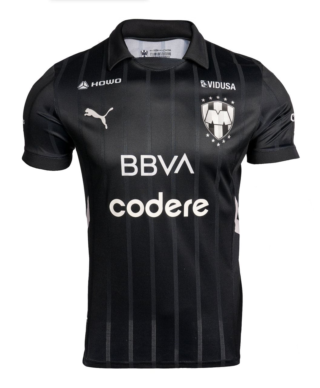 706401_01_FONT_1_RAYADOS_PROMO_FRONTAL_1__17452 | AE JERSEY Black soccer jersey with vertical pinstripes, team crest on the left chest and sponsor logos (BBVA, code) across the front, and a Puma logo on the right chest.