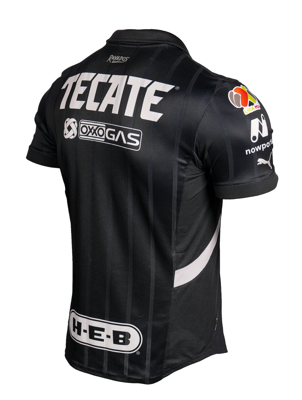 706401_01__BACK___RAYADOS_DORSAL_1__19680 | AE JERSEY Back view of a black racing jersey with large Tecate logo, vertical stripes, and sponsor patches (Oxogas, H-E-B) on the lower back and sleeve area