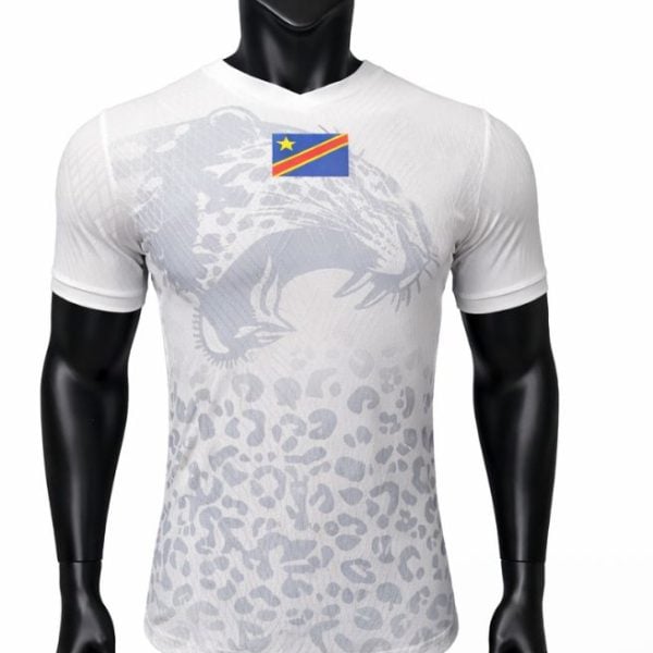 White fitted sports tee on a mannequin featuring a pale tiger graphic and a small flag patch on the chest.