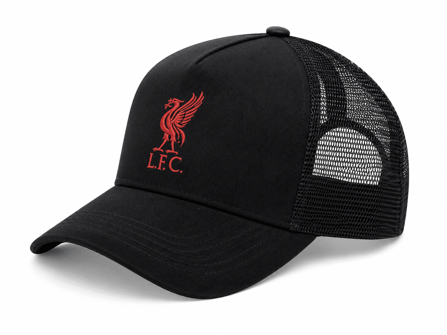 715B8D2B-60E8-4041-B9F5-B1861288396E | AE JERSEY Black baseball cap with red Liverpool FC crest on the front panel and a mesh back mesh-style trucker hat
