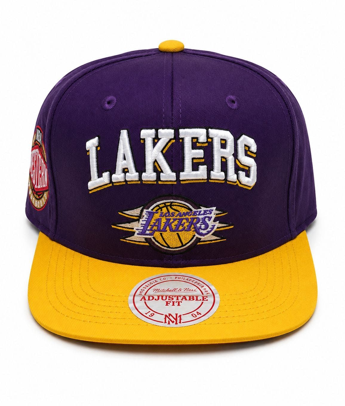 74a38342-7192-4fb3-96b5-42f8856c695e | AE JERSEY Purple Lakers cap with a yellow brim and embroidered 'LAKERS' on the front