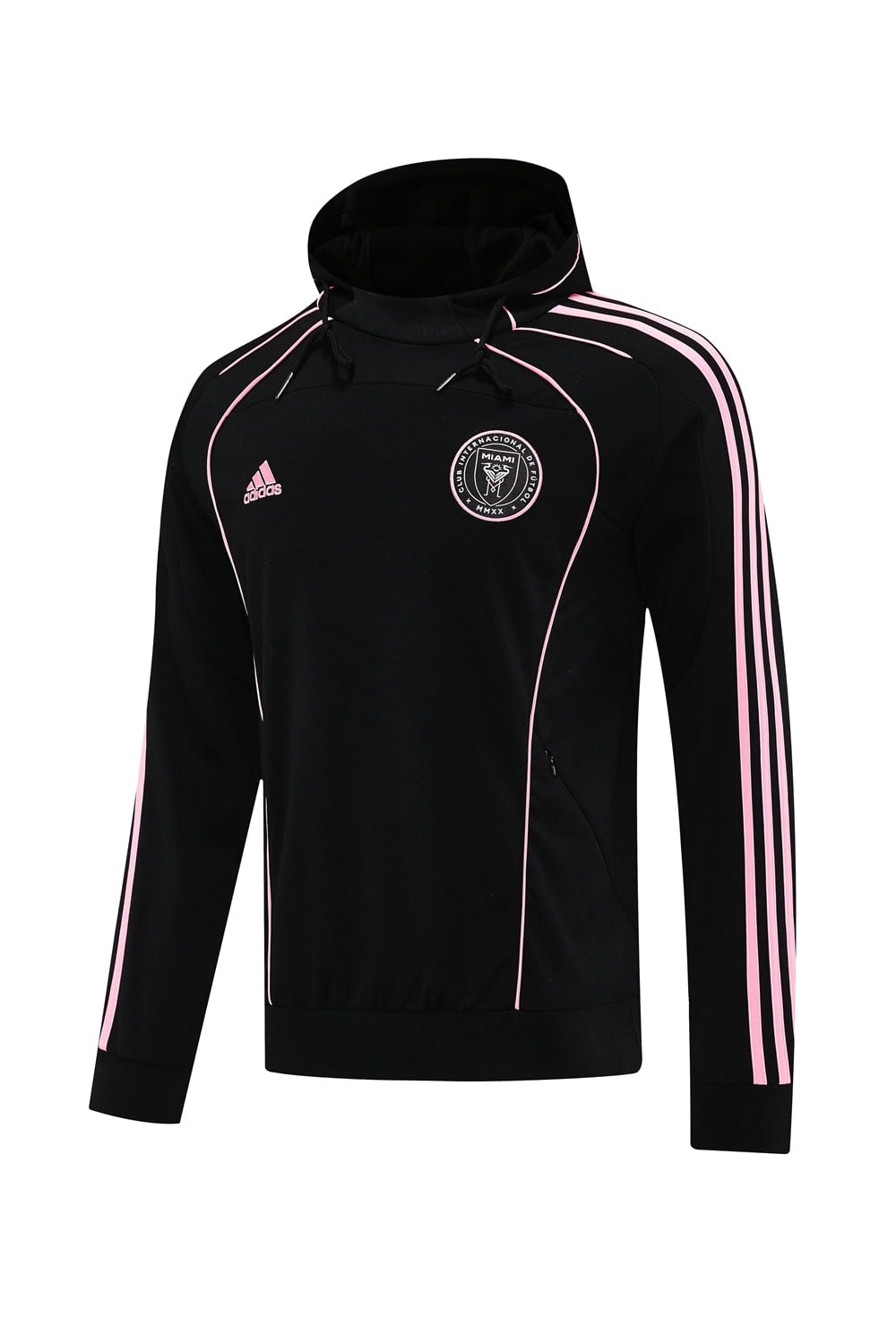 74e9abe0 | AE JERSEY Black Adidas hoodie with pink piping and three pink stripes down the sleeves, front chest logo, and drawstring hood.