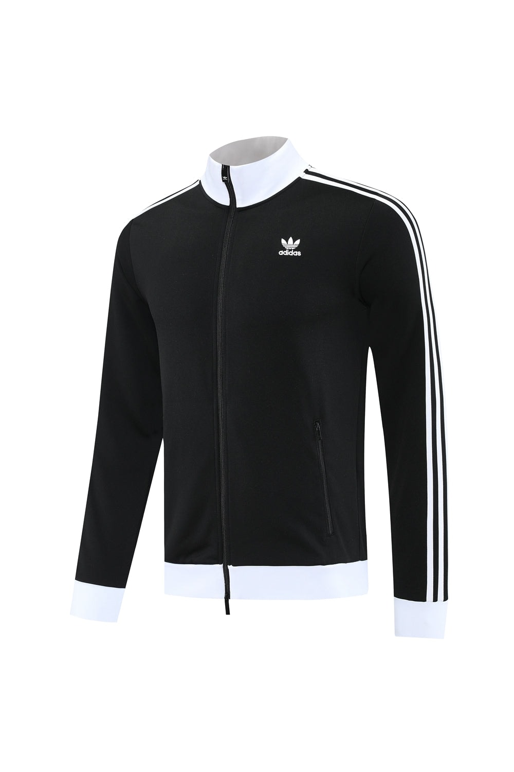 750fc1ca | AE JERSEY Black Adidas track jacket with a white stand collar, zipper front, and three white stripes down the sleeves.
