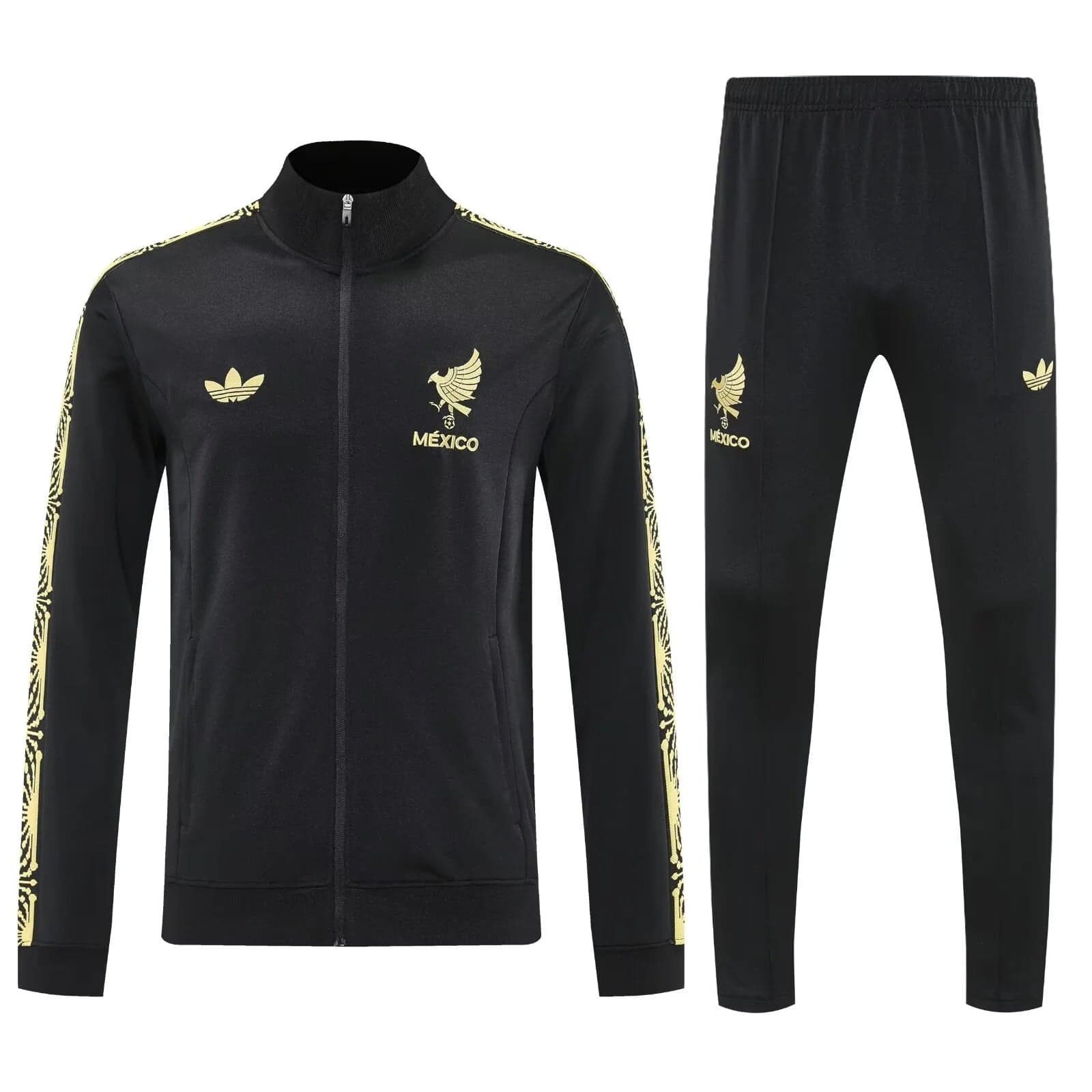 751a6618583291024c9a00872b4a2e61 | AE JERSEY Black track jacket and pants set in black with gold Mexico crest and eagle emblem; gold decorative stripes along sleeves and leg seams, full-zip jacket with elastic cuffs and waistband.