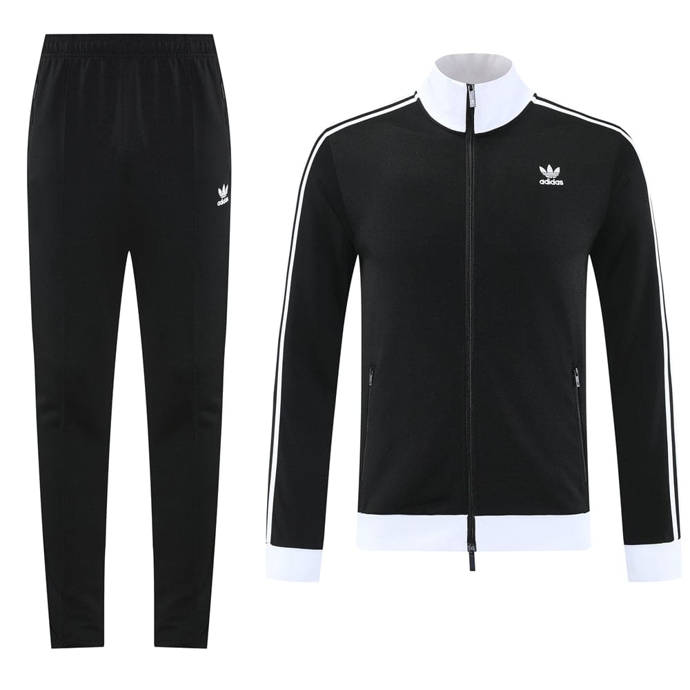 75297b8b | AE JERSEY Black Adidas tracksuit jacket with white collar and cuffs, white sleeve stripes, and matching black pants with Adidas logo on the chest and leg