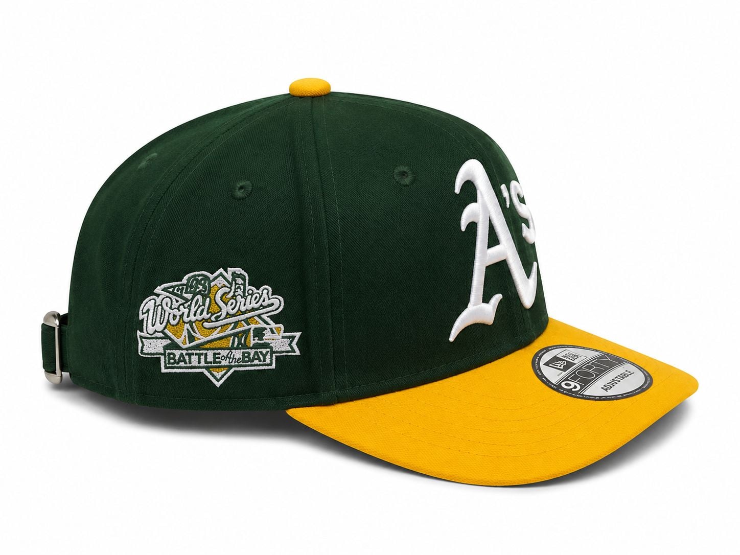 752b1cab-e37c-4e6e-b4f6-f691c2f8d888 | AE JERSEY Green baseball cap with yellow brim and large white 'A's' embroidery on the front; patch reads 'World Series Battle of the Bay' on the side edge.