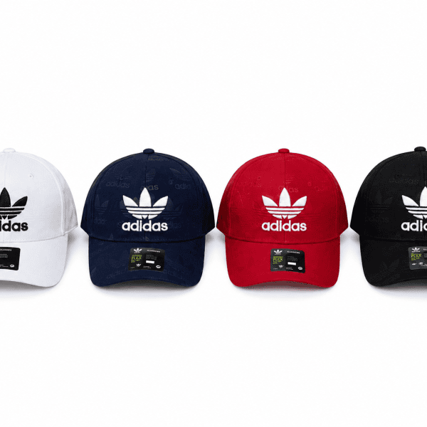 775EEDD3-7974-4E3B-99CC-30D46E2A683E | AE JERSEY Row of four Adidas baseball caps in white, navy, red, and black with the white trefoil logo on the front.