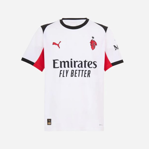 779971-B50_01 | AE JERSEY White football jersey with black collar and red side panels, displaying Emirates Fly Better sponsor text and team crest on the chest.