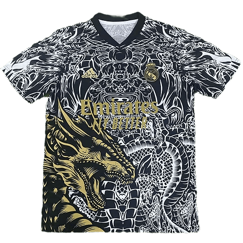 Black-and-white dragon-pattern soccer jersey with gold Emirates logo and DNA-like design, Adidas badge visible on chest.