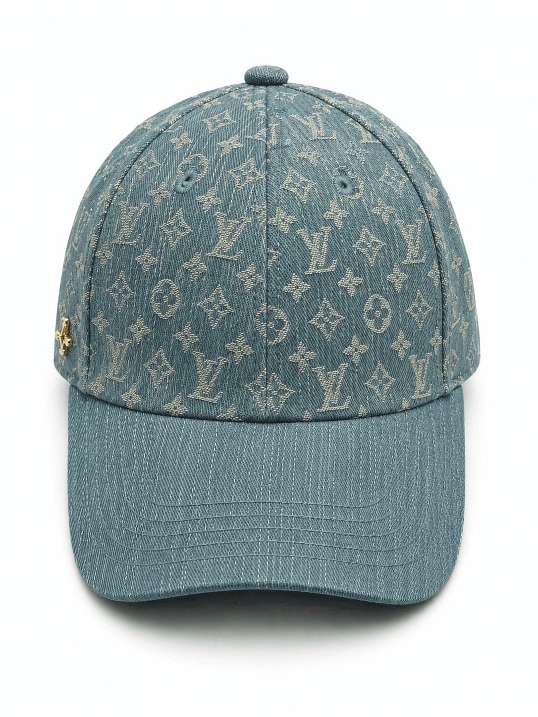 7B2BA63E-45B6-4FAD-951A-DAFC85DA182F | AE JERSEY Denim baseball cap with a beige Louis Vuitton monogram pattern and a curved brim.