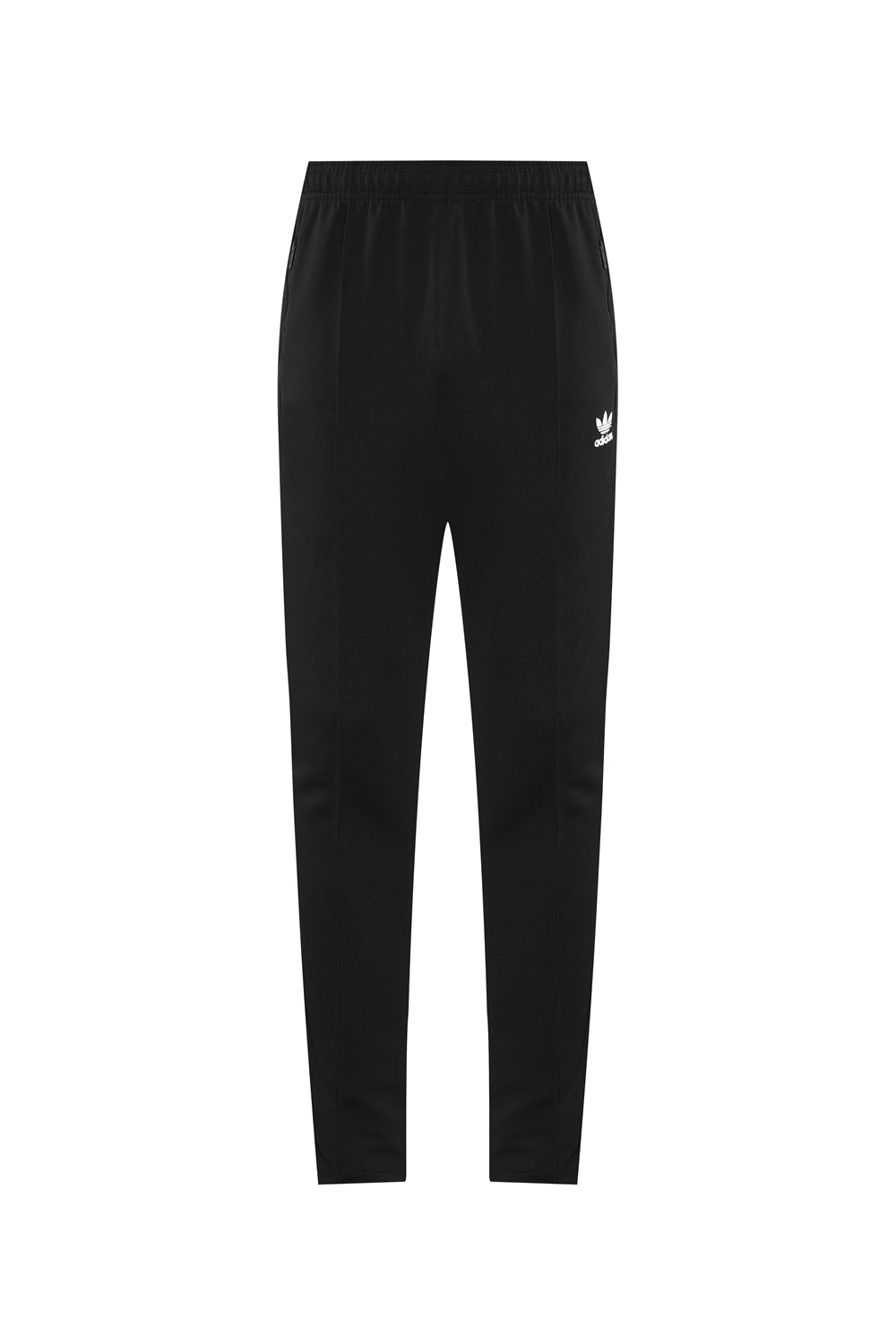 7a453569 | AE JERSEY Black Adidas track pants with elastic waistband, zip pockets, and a small white trefoil logo on the left hip.