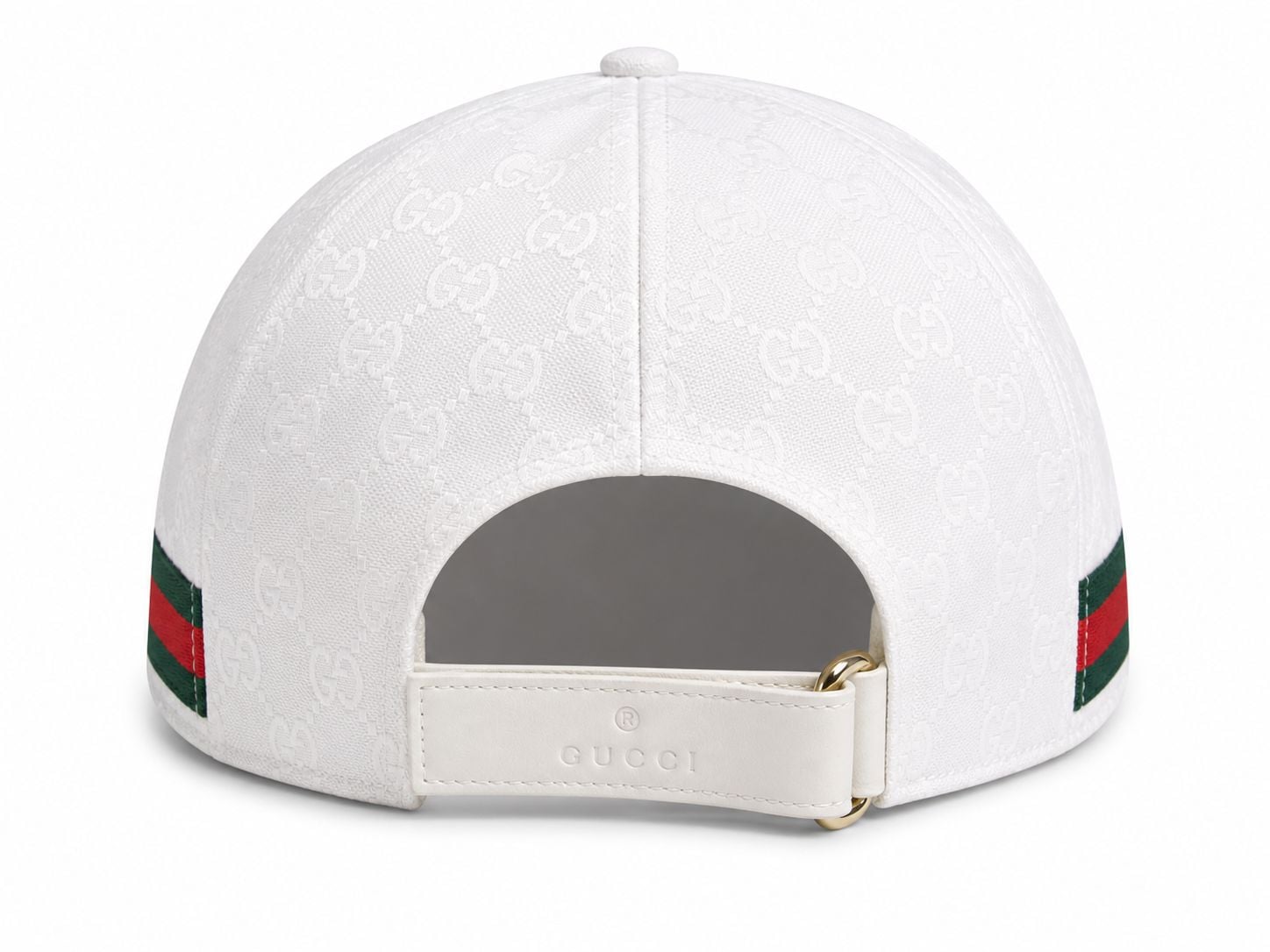 7c733e3f-25c6-468d-a235-0bd18a508104 | AE JERSEY Back view of a white Gucci cap with an embossed GG monogram pattern and an adjustable strap closure at center.