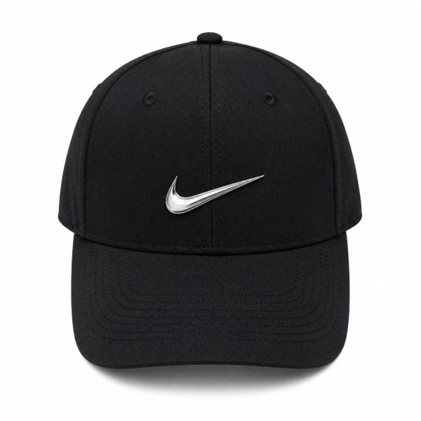 Black baseball cap with a metallic silver Nike swoosh on the front panel.