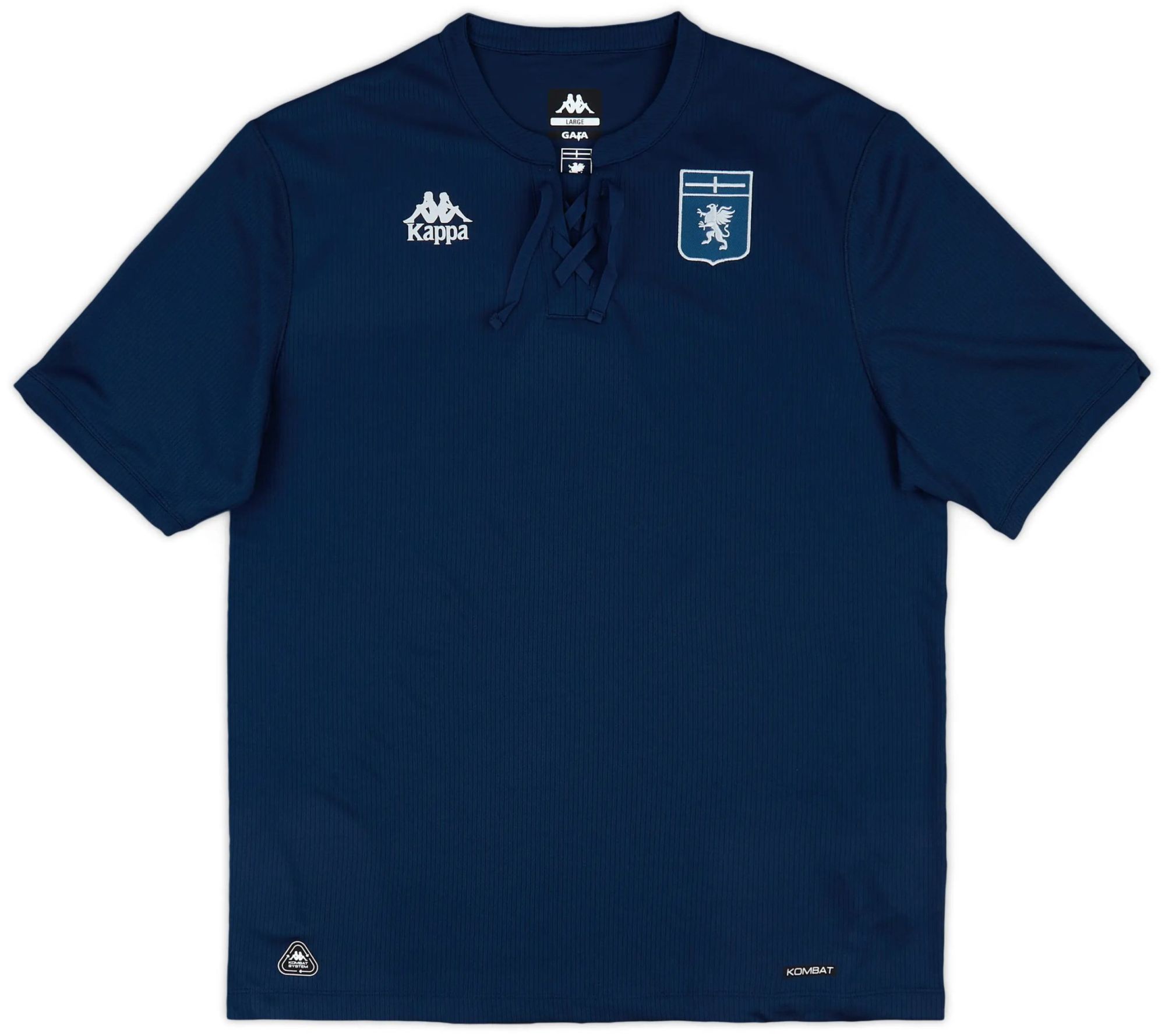 8056072326724-1_lj8ojy2zhvkmwed8 | AE JERSEY Navy blue short-sleeve shirt with white Kappa logos on the chest and a lace-up collar detail, worn as a sports jersey.