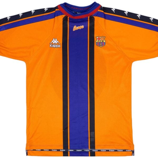 Bright orange FC Barcelona football jersey with a bold blue vertical stripe and Kappa logos on the chest area.