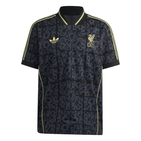 Liverpool FC polo/shirt with black intricate pattern, gold crest and Adidas logo, gold piping along sleeves and collar