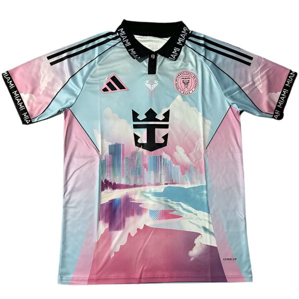 Pastel-colored soccer jersey with a cityscape graphic, cloud motifs, and adidas branding on a pink-to-blue gradient background.