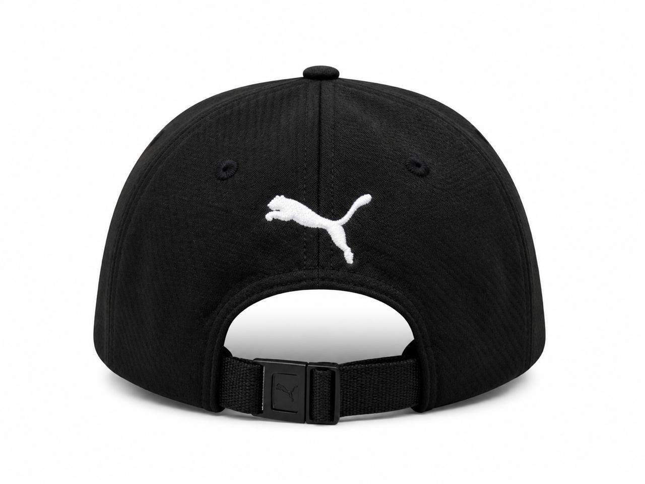 86899bee-9bbe-4745-9a57-5555ef937bcf | AE JERSEY Back view of a black baseball cap with an adjustable strap and a white embroidered Puma logo on the back panel.