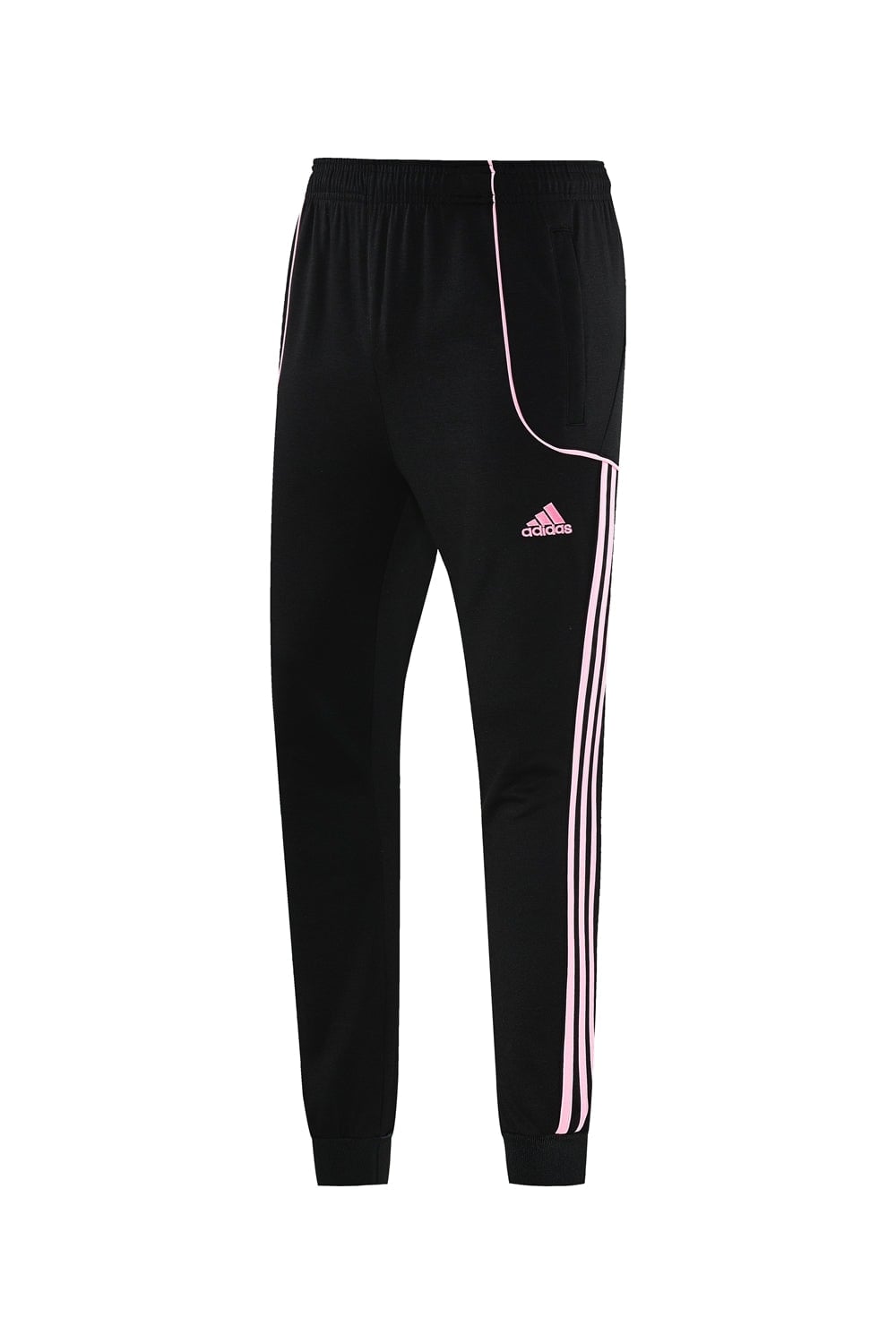877620b2 | AE JERSEY Black Adidas track pants with pink piping and stripes along the sides, pink logo on thigh, cuffed ankles.