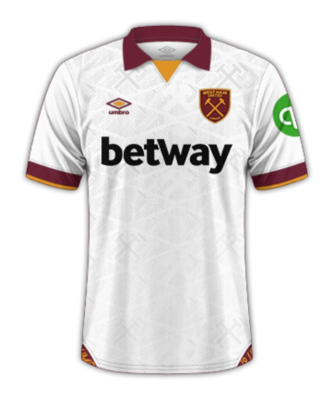 8VPZHxgzdV5kgm8 | AE JERSEY West Ham United white away jersey with maroon collar and cuffs, featuring Betway sponsor and club crest on the chest, Umbro logo, and a green sleeve patch.