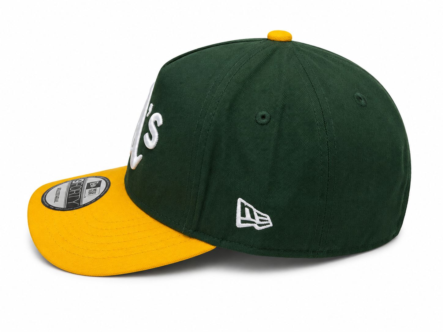 8aff2e4b-cfeb-45fe-98c2-273605024e05 | AE JERSEY Green baseball cap with a yellow visor and yellow top button; white embroidered lettering on the front and a white New Era logo on the side.