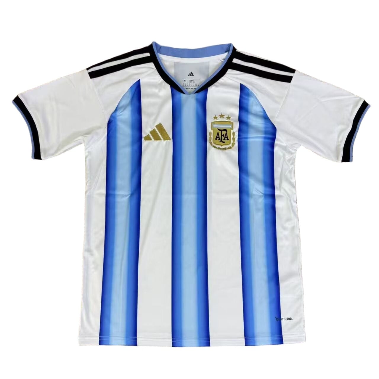 8bc9322e | AE JERSEY Argentina national football jersey with white and light blue vertical stripes, gold Adidas logo, and crest on the chest.