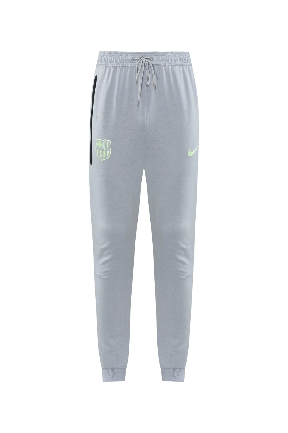 8ddd2ca4 | AE JERSEY Light gray joggers with a drawstring waist, neon Barcelona crest on the left thigh, neon Nike swoosh on the right, and a black zip pocket on the left