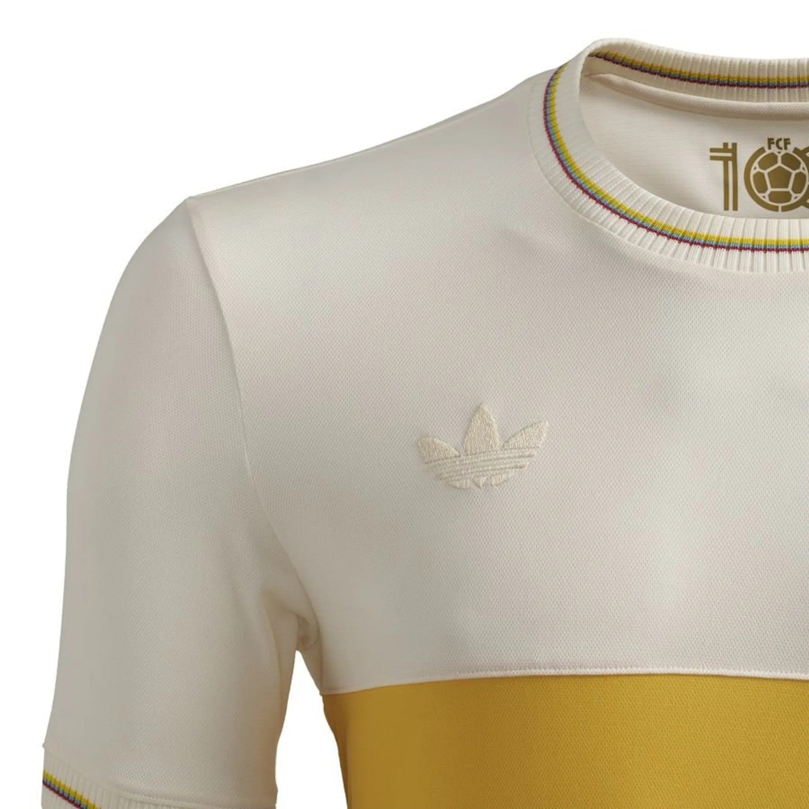 8e9i1P8onQn5KlT_1 | AE JERSEY White Adidas sports jersey with multicolor striped collar, trefoil logo, and yellow band at the bottom.